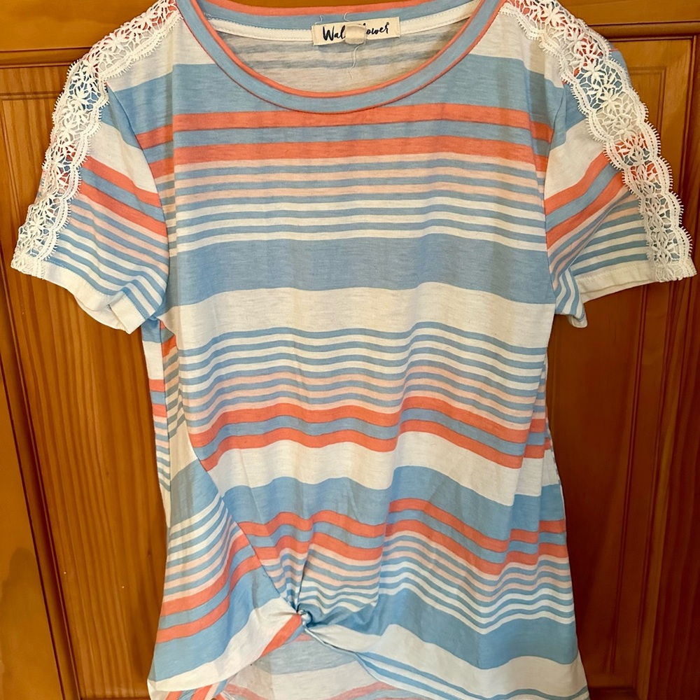Wallflower Blue and Pink Striped Lace Sleeve Tee